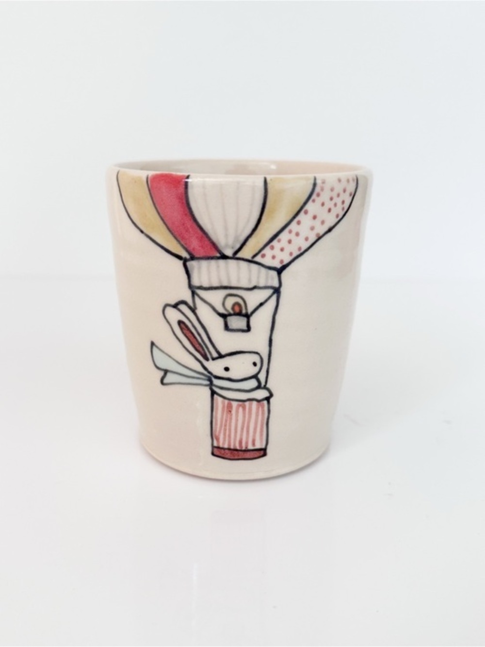 Handmade Pottery Tumbler Hot Air Balloon Bunny Illustrated Cup Artist Signed